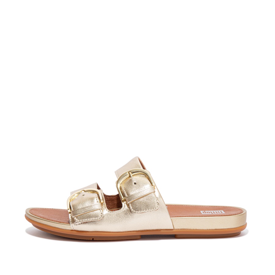Fitflop Fivela Couro Metalizado Slides Platina