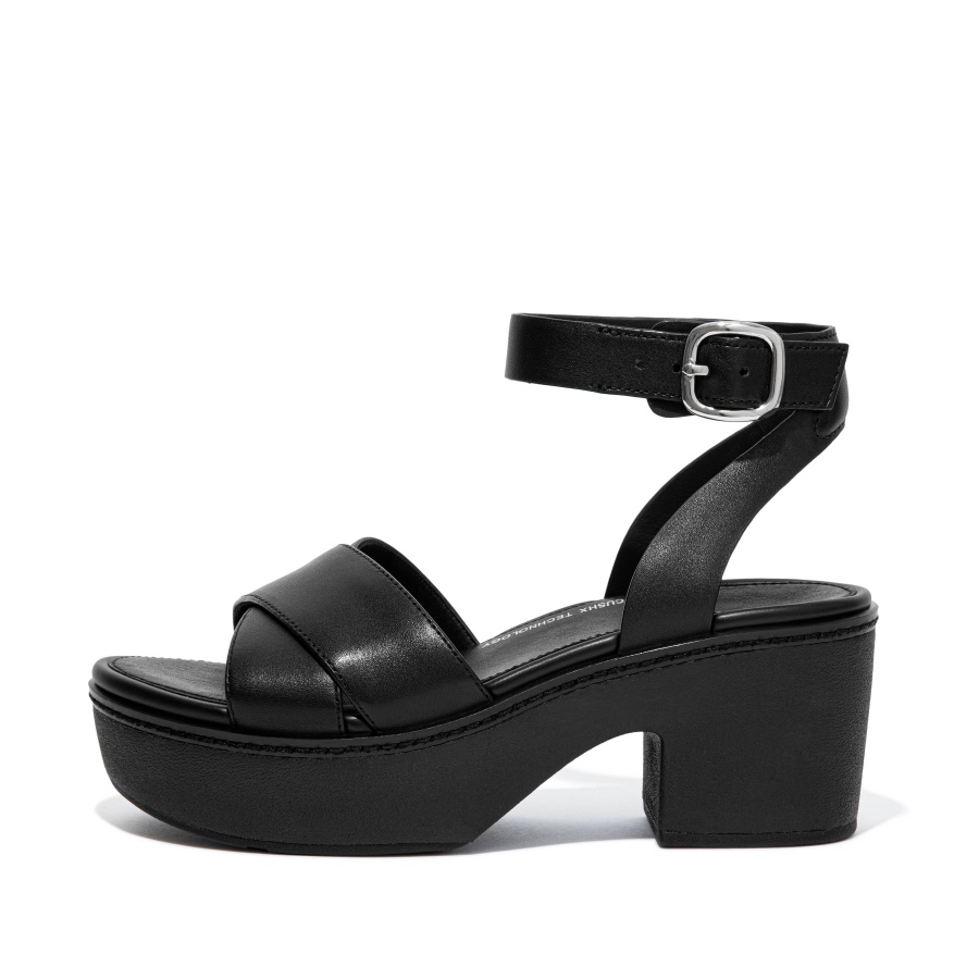 Plataformas De Tira De Tornozelo Fitflop De Couro Todo Preto