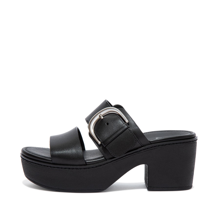 Plataformas De Slides De Couro Fitflop Todas Pretas