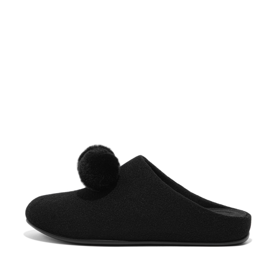 Chinelos De Feltro Fitflop Pom-pom Todo Preto