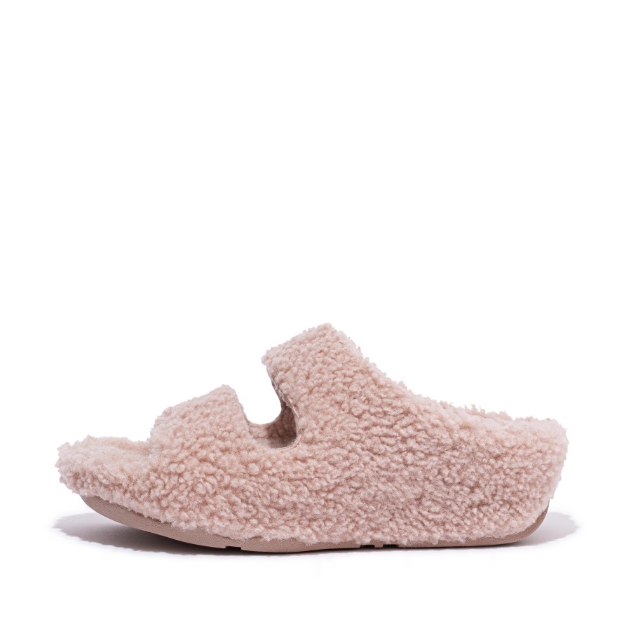 Fitflop Slides Shearling De Duas Barras Rosa Suave